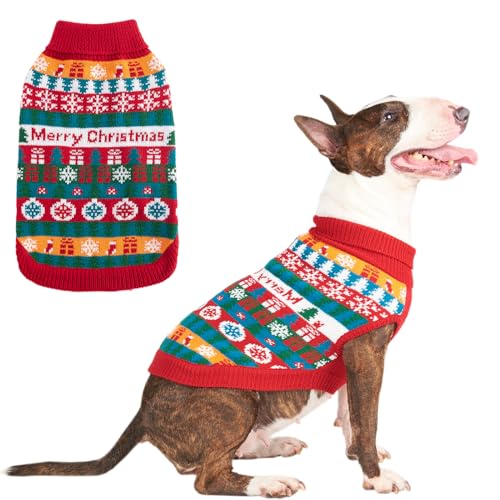 EXPAWLORER Christmas Dog Jumper - Knitted Xmas Costume Dog Clothes Gift, Sleeveless Sweater with Colorful Stripes and Snowflakes, Warm Holiday Outfit Winter Coat for Small Medium Large Dogs, M-L