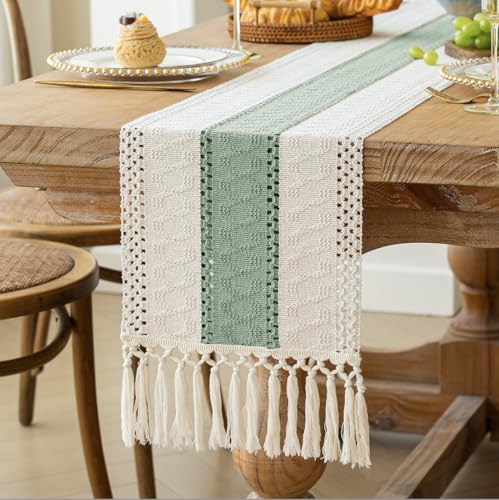 Image of FEXIA Boho Table Runner for Home Decor with Tassels 108 Inches Long,Sage Green Farmhouse Rustic Table Runner Macrame Burlap Table Decoration for Living Room Bridal Shower(12x108 Inches)