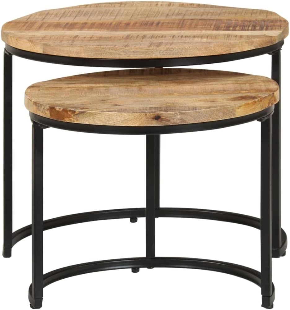 vidaXL Round Nesting Tables- Mango Wood- Natural Finish- 2 Pieces Set- Space-Saving- Living Room Furniture