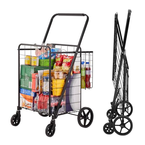 VEVOR Folding Shopping Cart, Jumbo Grocery Utility Cart with Double Baskets, 360° Swivel Wheels, 110 LBS Large Capacity Heavy Duty for Laundry, Shopping, Grocery, Luggage, Black