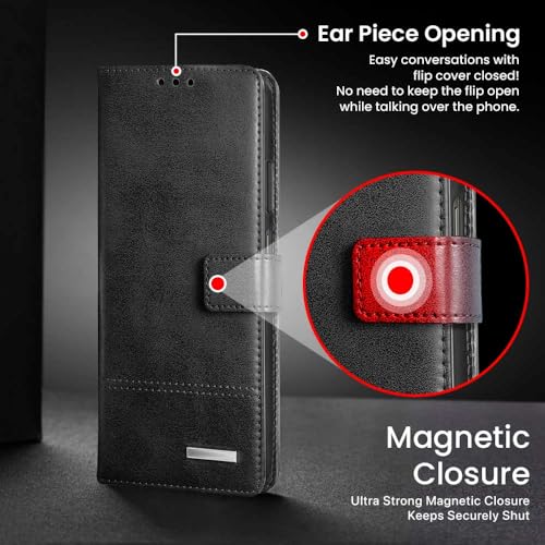 Image of WOW IMAGINE Shock Proof Hand Stitched Royal Flip Cover Case for Xiaomi Redmi Note 12 Pro 5G (Flexible | Leather Finish | Wallet Case Card Holders & Stand | Tanned Black)