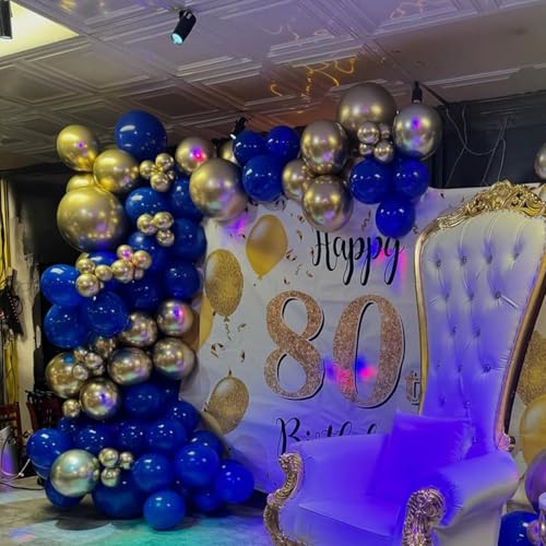 Image of YMSZ Royal Blue and Gold Balloons Garland Arch Kit, 134pcs Metallic Gold and Blue Balloons for Birthday, Baby Shower, Anniversary, Graduation Party Decorations