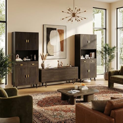 Image of LIKIMIO 71.6 inch Tall Kitchen Pantry Cabinet, Walnut Mid-Century Hutch Cabinet with Storage- 3 Adjustable Shelves, 2 Drawers, Multi-Room Pantry