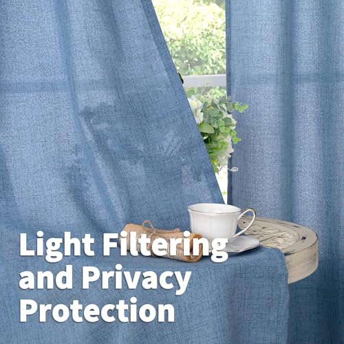 YoungsTex 48 Inch Length Denim Blue Linen Curtains, Short Drapes Light Filtering Semi Sheer with Rod Pocket Back Tab for Bathroom Living Room Windows, 2 Panels, 42 X 48 Inch by YoungsTex - Used condition - Image 3