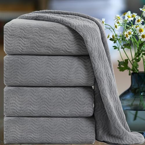 Smuge Ultra Soft Bath Towel Set of 4, Grey Extra Large Textured Microfiber Luxury Towels 35x70 in, Quick Dry, Highly Absorbent, Fluffy, Oversized, for Bathroom Shower Pool Hotel Beach