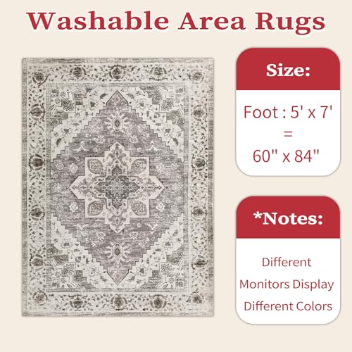 SERISSA 5x7 Boho Area Rug, Washable Large Rugs for Living Room, Ultra Soft Non-Slip Bedroom Rug Print Distressed Vintage Farmhouse Carpet Earth Tone Rug for Dining Room Office Home Decor