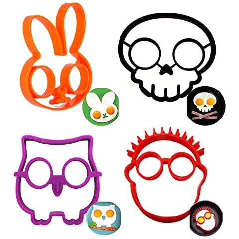 Suuwwn Silicone Egg Rings Non Stick Moulds Pancake Mold Fried Ring Cooking Circle Cooker Heat-Resistant Crumpet Cartoon 4pcs, orange, red, black, purple Cover