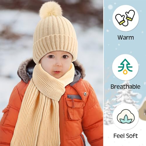 Image of JaGely 2 Sets Kids Winter Hat Gloves Scarf Set Girls and Boys Knit Hat with Pom Warm Scarf Snow Gloves for 3-10 Years Toddler