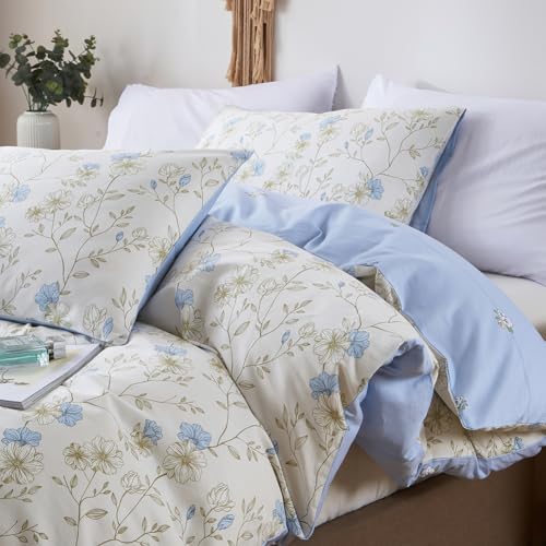 Michorinee King Size Duvet Cover Sets 100% Cotton Blue White Floral Print Bedding Set 3pcs Reversible Botanical Cotton Duvet Set Quilt Cover 220x230 with 2 Pillowcases for Kingsize Bed