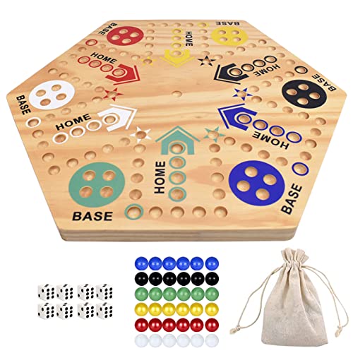 Original Marble Board Game Wahoo Board Game Double Side Painted 20-Inch Wooden Fast Track Board Game For 6 And 4 Player With 6 Colors 36 Marbles, 8 Dice For Family Game Night, Party #TOP13