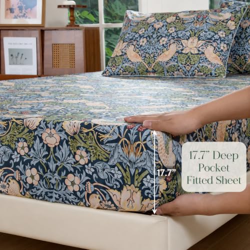 Image of FADFAY Cal King 100% Egyptian Cotton Sheets Set 4 Piece, Vintage Botanical Floral Bird Print, Luxury Soft Breathable Cooling Deep Pocket Bed Sheets, Hotel Quality Bedding for Hot Sleepers All Season