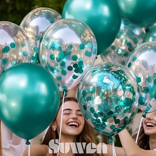 Image of SUWEN Metallic Green and Confetti Balloons Set 47PCS Latex Metallic Teal | Helium Balloon for Birthday Anniversary Party Decorations