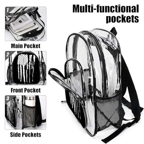 Clear Backpack Black And White Gun Design American Flag Heavy Duty Clear Bag PVC Transparent Clear Book Bag with Adjustable Shoulder Straps for Security Work Concert Festival Travel4