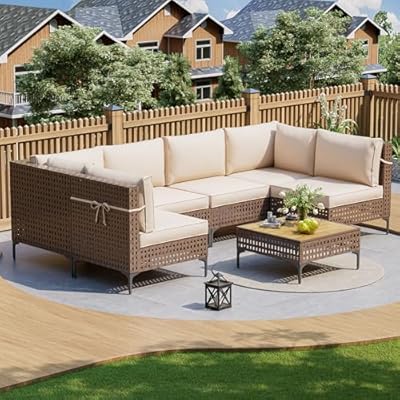 TIMSATIO 7-Piece Outdoor Patio Furniture Set, All-Weather Rattan Sectional Sofa with Thick Cushions, Modular Conversation Set for Poolside Deck Backyard Porch, Coffee Table (Brown Rattan, Khaki)