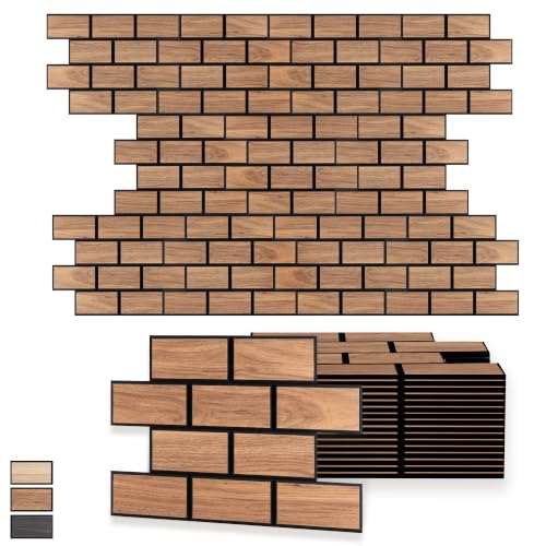 Image of WoveN SounD Brick Acoustic Panels, Teak, 16 Pack, 16x12 in | Self-Adhesive, Peel and Stick, NRC 0.95, Seamless Brick, Refined Sound, Home, Studio, Office, Theater