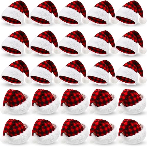 Image of Vicenpal 20 Pcs Santa Hats Bulk Plush Christmas Hats for Adults Women Men Holiday Party Costume(Red, Black)