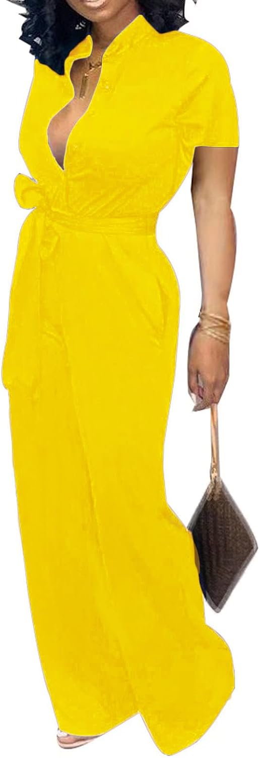 Xinlees Women‘s Elegant Jumpsuit Casual Stand Collar Button Down Long Pants Rompers Straight Club Outfits - Image 3