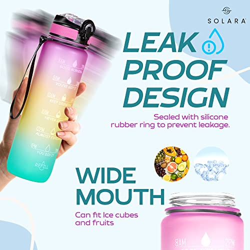 Solara 32Oz Motivational Water Bottle With Times To Drink, Water Bottle With Straw, Water Bottle For Gym, Office | Bpa Free Tritan Water Bottle With Motivational Quotes | Pink Yellow Mint #TOP2