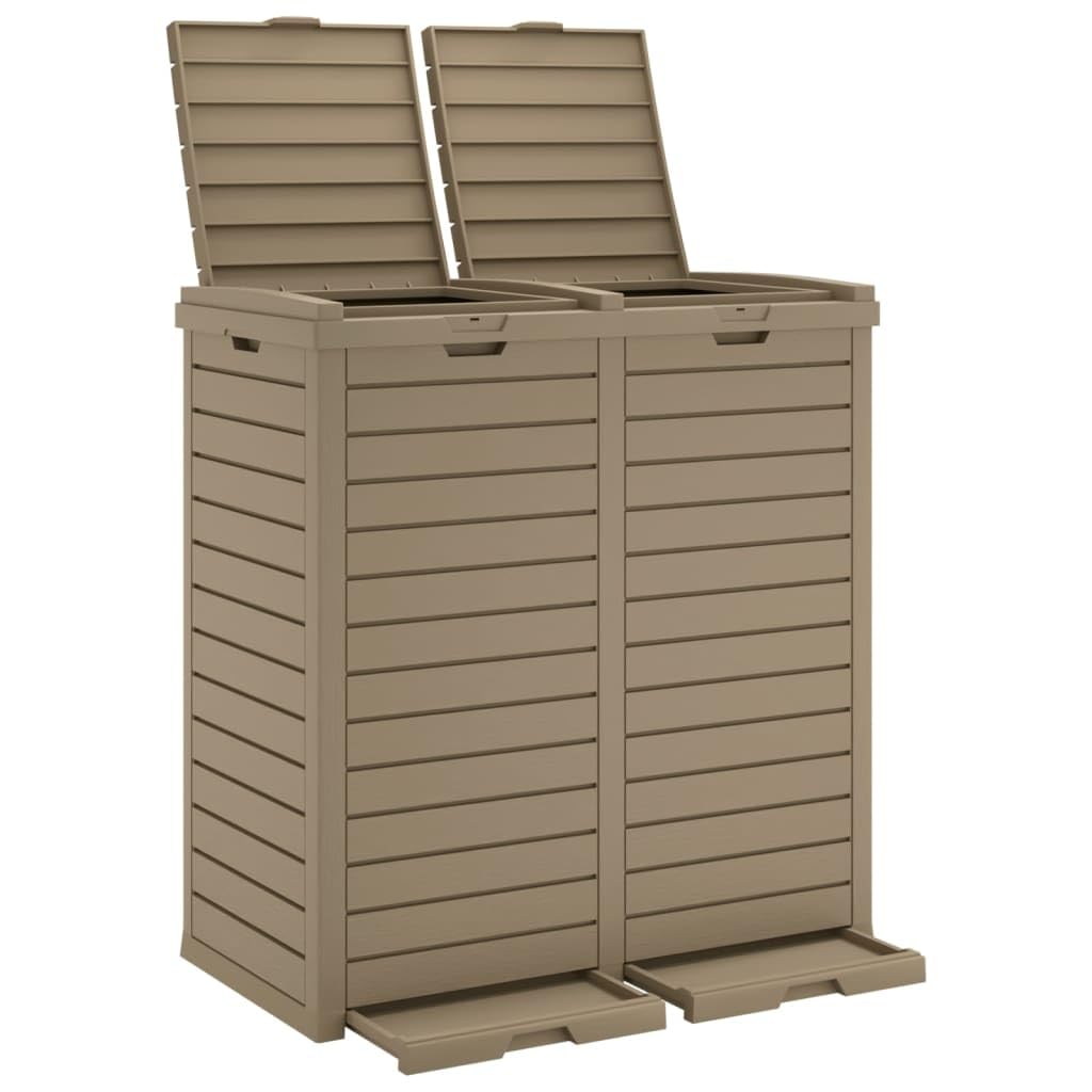 Outdoor Trash Can with Dual Compartments, 60.8 Gallon Weather-Resistant Garbage Bin, Imitation Wood Texture for Patio, Garden, Deck and Backyard, Light Brown