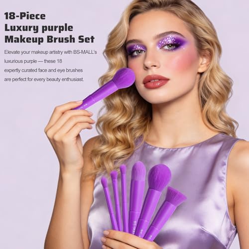 Image of BS-MALL Makeup Brush Set 18 Pcs Premium Synthetic Foundation Powder Concealers Eye shadows Blush Makeup Brushes with Case (Purple)