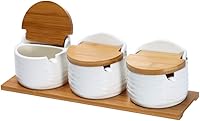 Vista 12 de Azucarero de cerámica con tapas de bambú y bandeja para servir cucharas, recipiente de azúcar de porcelana para azúcar, té, café, especias