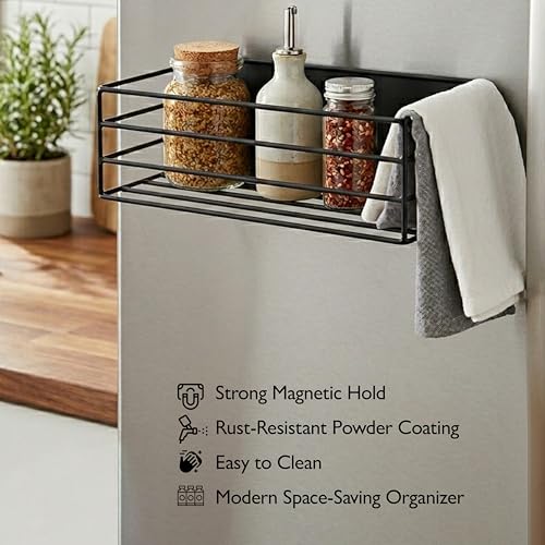 Image of Amazon Basics Magnetic Organizer for Fridge Space-Saving side Storage (27.5 x 11 X 7.5 cm, Iron, Black), Set of 1, Load Capacity: 1.5Kg