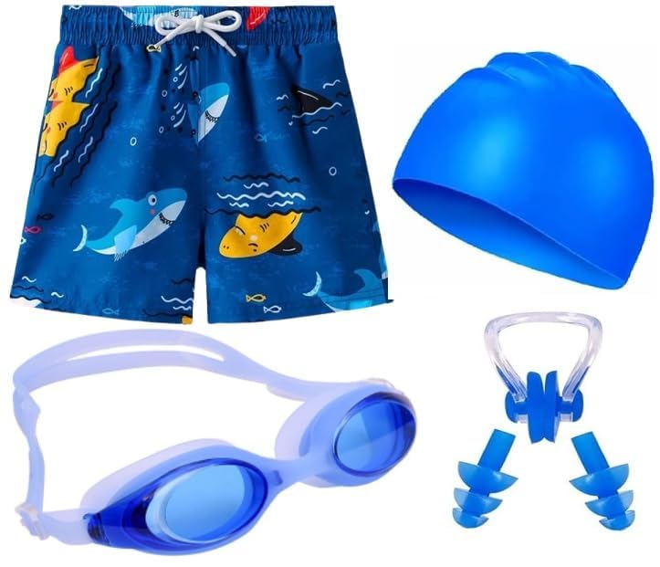 JMT Wear Boys Swimming Combo Kit with Costume, Goggles, Cap & Ear Plugs (Blue, 11-12 yrs)