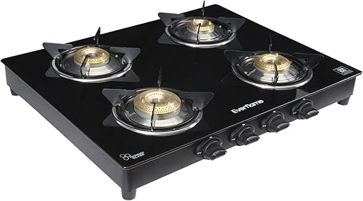 Everflame Titan 4 Burner Gas Stove Ultra Slim Body | Durable Toughened Glass Cooktop | ISI Certified | Manual Ignition| 5G Forged Brass Burner | 2…