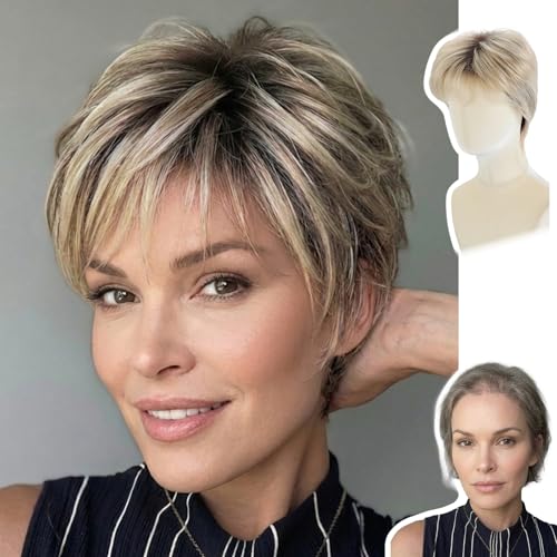 WIGYY Short Pixie Wig for White Women Curly Ash Blonde Wig with Dark Roots Heat-Resistant Synthetic Wig with Bangs Lightweight Glueless Cap for Older Women Daily Wear