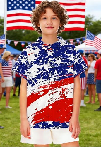 Image of 4th of July Shirts for Girls Boys American Patriotic Tshirt Kids Hawaiian Button Down Tops