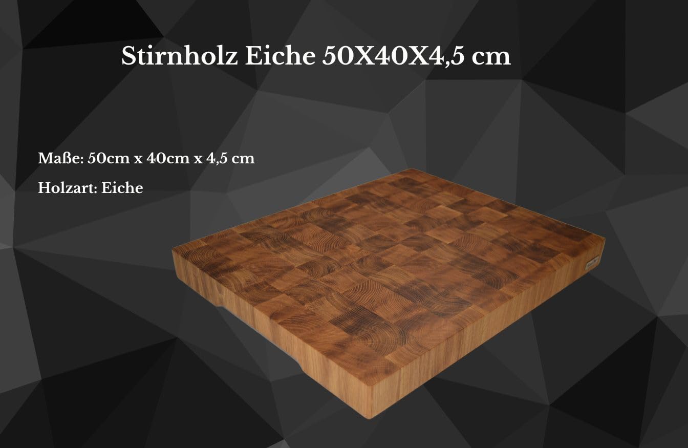 XXL Stirnholz Hackblock Premium Eiche 50x40x4,5 cm – Schneidebrett mit Griffmulden, Rutschfeste Füße, Langlebig, Messerschonend – Hochwertiges Küchenbrett aus Eichenholz