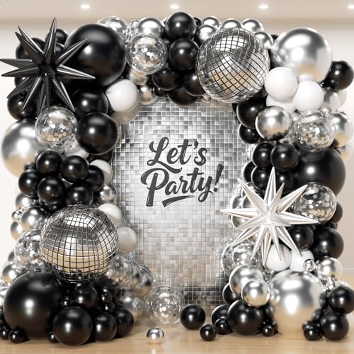 Image of 153Pcs Black and Silver White Balloon Garland Arch Kit with Stars, 22 18 12 10 5 inch Disco Ball Balloons Black White Metallic Silver Confetti Balloon for Birthday Graduation Party Decorations
