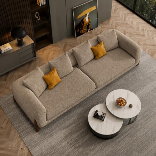 Image of Modern Sofa, Teddy Fabric, Chesterfield Style, Wooden Legs, for Living Room, Bedroom, Hallways (3+2 Seater, Taupe)