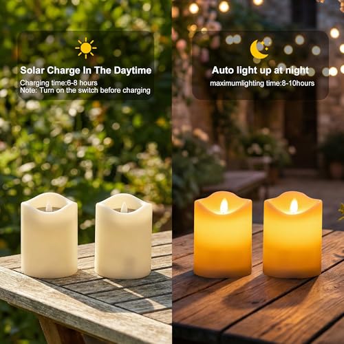 Image of Livinlarge Solar Candles Outdoor Waterproof,Flameless Votive Fake Candle |Dusk to Dawn,Auto On /Off,Solar White Pillar Candles for Wedding,Table,Party,Halloween,Christmas Decor,3 inchx4 inch, Set of 2(Plastic)