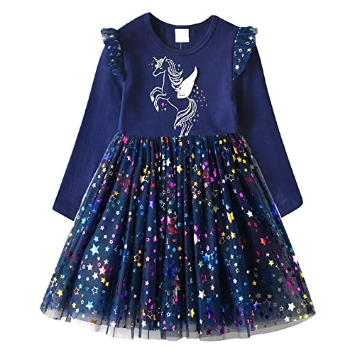 DXTON Girls Unicorn Dresses Princess Dress Party Birthday Holiday Baby Dress BlueLh4792 6T