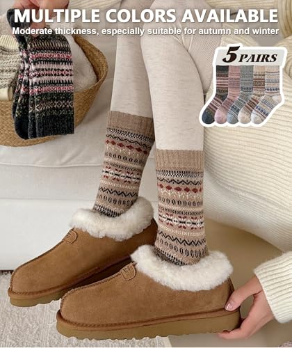 Image of IIG 5 Pairs Women's Vintage Style Thick Wool Warm Winter Crew Socks