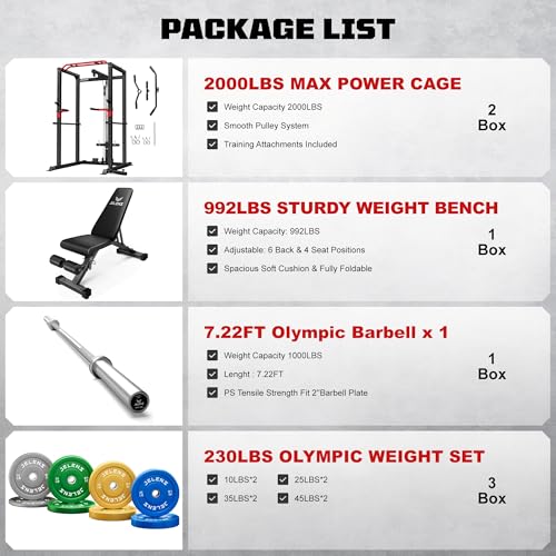 Image of JELENS S11 Power Cage, 2000LB Multi-Function Power Rack with LAT Pulldown, Squat Rack with Adjustable Pulley System and Training Attachments, Weight Rack for Home Gym