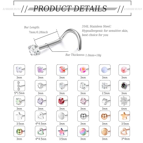 MILACOLATO 30Pcs Nose Rings Studs for Women Men 316L Stainless Steel Nose Piercings Jewelry 18G 20G Straight L Shaped Corkscrew Nose Rings Cubic Zirconia Opal Nose Studs Hypoallergenic2