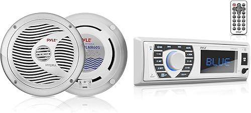Pyle Altavoces marinos duales de 6.5 pulgadas y 150 vatios y sistema estéreo de receptor marino Bluetooth de 300 vatios (blanco)
