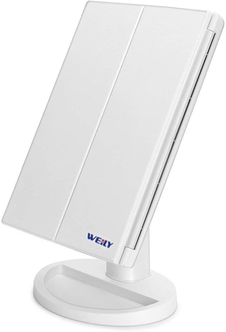 Newest 36 LED Nature Daylight Tri-Fold Lighted Vanity Makeup Mirror with Touch Screen Dimming and 1X/2X/3X Magnification Mirror,Countertop Cosmetic Mirror,180 Degree free Rotation (White))