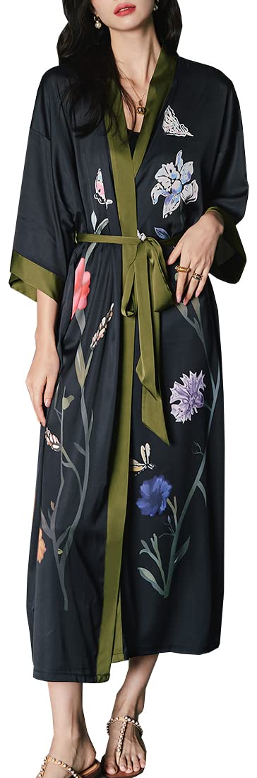 MEDUOLA Albornoces de Verano para Mujer Bata Kimono de Satén Pijama Seda Estampado con Talla Única Camisón Largo Sexy y Elegante