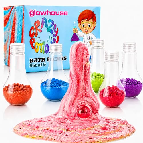 Crazy Potions Kids Bath Bomb Gift Set 6 Colourful Fizzy Science Jars Fruity Scented Bath Bombs for Fun Bath Time & Birthday or Christmas Gifts