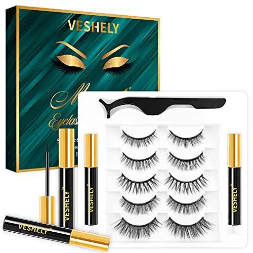 VESHELY Magnetic Lashes with Eyeliner Kit,Reusable Fake Magnetic Eyelashes Natural Look and 2021 Upgrade Liners Waterproof,3D False Eye Lashes Set Pack(5 Pairs)