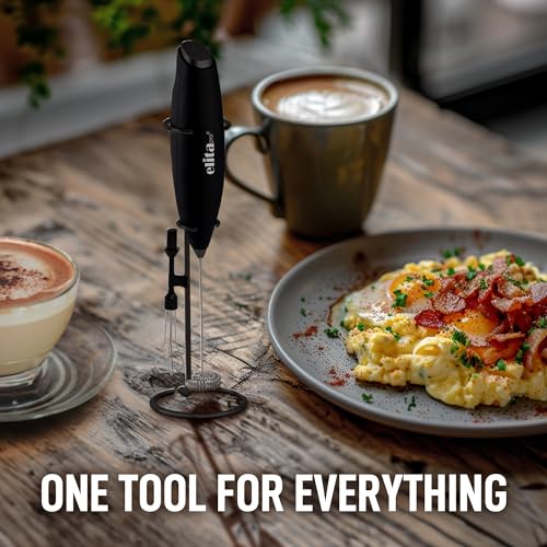 Image of ElitaPro Powerful Milk Frother Wand - 2 in 1 Handheld Coffee Frother and Egg Beater - Mini Foam Maker With Stand - Whisk Drink Mixer & Foamer for Coffee, Latte, Matcha, Hot Chocolate (Exec Black)