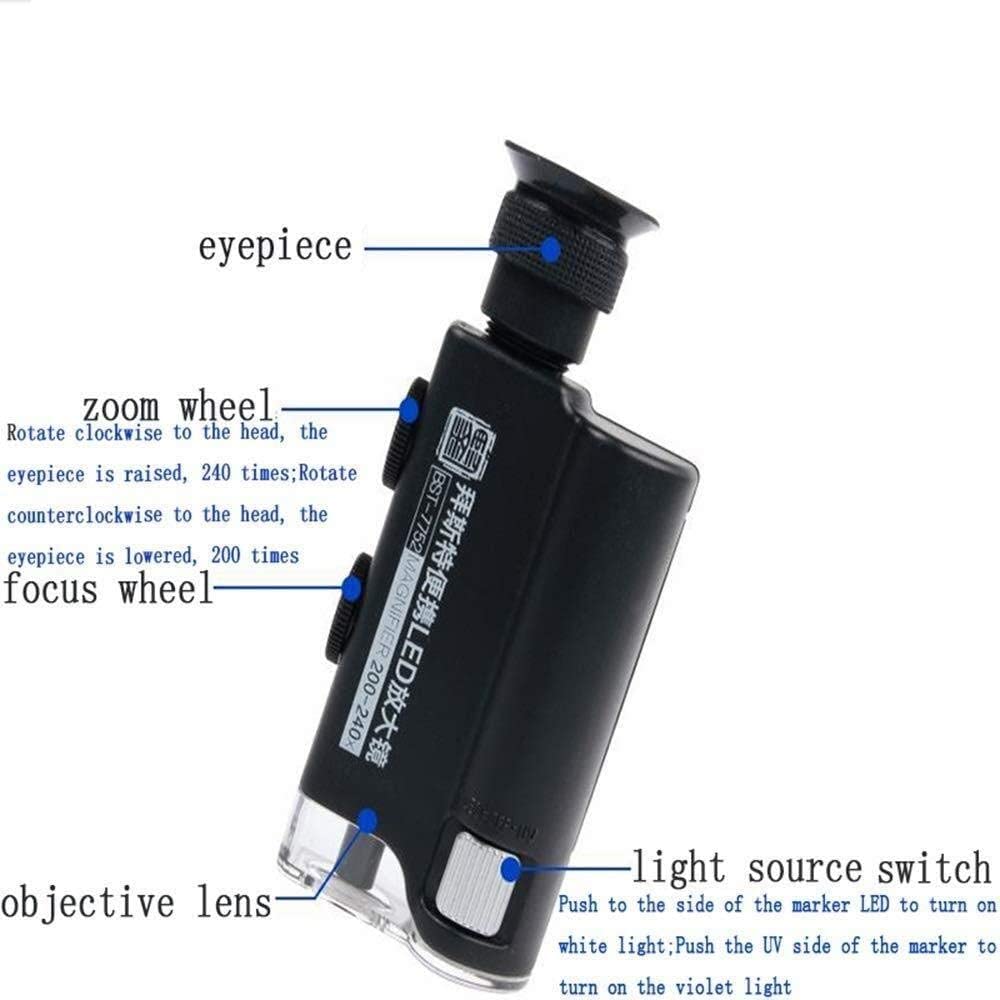 Lupa de Pantalla Lupa de Mano con luz LED, 200-240 Veces el microscopio, con luz púrpura, para inspección in situ, valoración de Joyas, impresión de fabricación