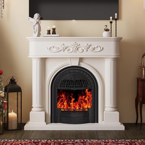 Image of Electric Fireplace with Mantel, 51 inchSolid Wood White TV Stand with Fireplace for Living Room,Black Birdcage Fire Place Heater with Roman Column Design for Bedroom