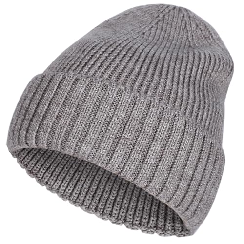 Kids Merino Wool Beanie Hat for Boys Girls Winter Classic Knit Beanies Unisex Cuffed Skull Ski Snow Caps Age 7-14, Merino Wool-light Grey