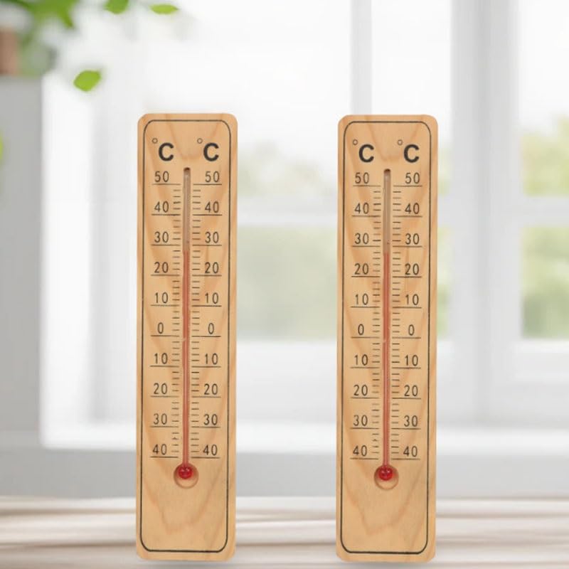 Indoor Outdoor Thermometer Wooden Board Wall Mounted Temperature Gauge