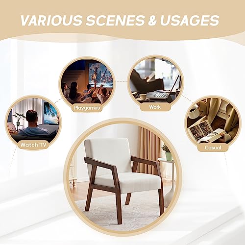 Huimo Arm Chair Accent Chair, Wooden Mid-Century Modern Accent Chairs, Elegant Upholstered Lounge Chair For Living Room, Bedroom, Linen Fabric Padded Reading Chair, Side Chair (White) #TOP3