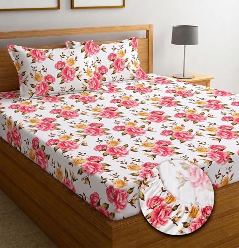 Image of IVAZA Ezyption Cotton Super Soft 240 TC Elastic Fitted All Around Elastic Printed King Size Double Bed Bedsheet with 2 Pillow Cover 72 inch X 78 inch3 Pink White